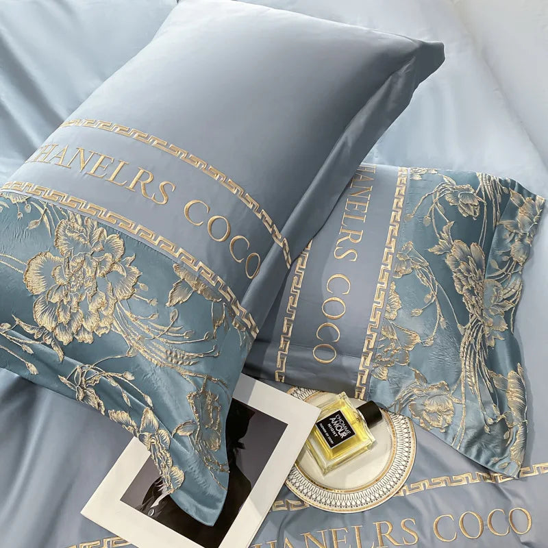 Parure de Lit Luxe 4 Pièces Satin Brodé — Housse Couette King & Queen Hotel