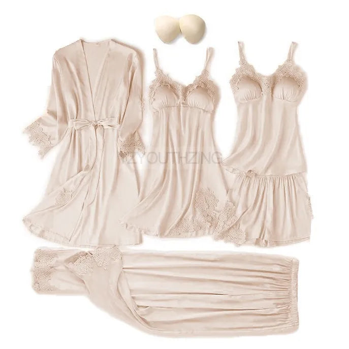 Ensemble Pyjama Femme Satin Dentelle — Robe de Chambre Kimono + Pantalon, Été