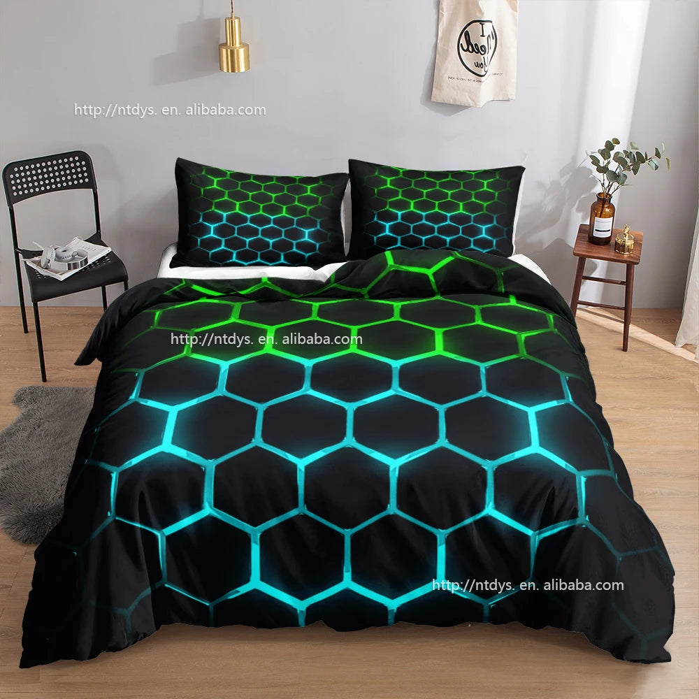 Parure de Lit 3D Géométrique Nid d'Abeille — Bleu Néon Luxe 3 Pièces