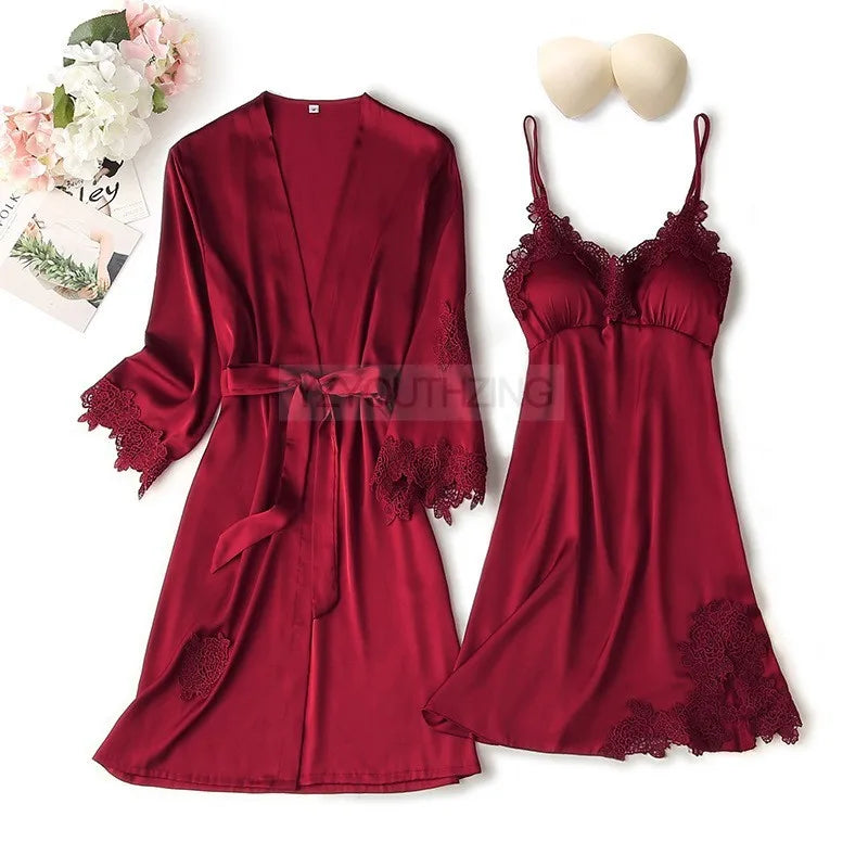 Ensemble Pyjama Femme Satin Dentelle — Robe de Chambre Kimono + Pantalon, Été
