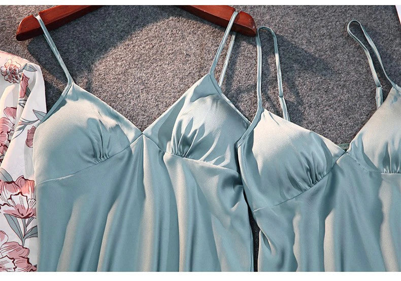 Pyjama Femme 5 Pièces Satin Soie — Dentelle, Bretelles, Ceinture, Sexy Lounge
