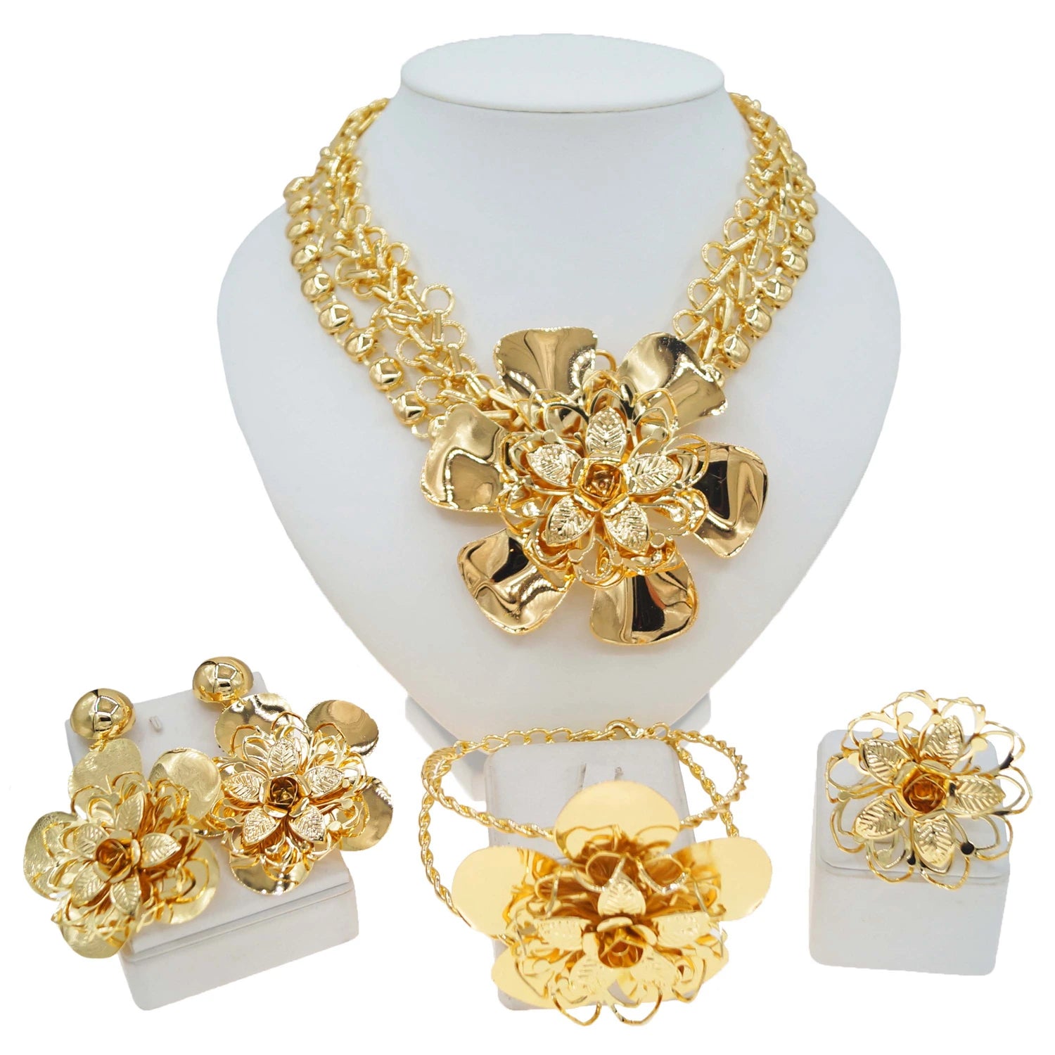 Parure Bijoux Fleur Plaqué Or 18K Femme — Collier, Boucles, Bracelet, Mariage
