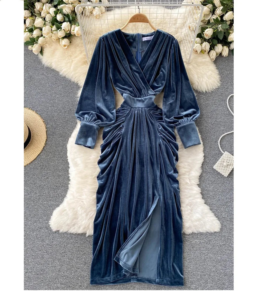Robe Longue Velours Bleu Femme Élégante Col V Manches Lanterne — Taille Haute Soirée