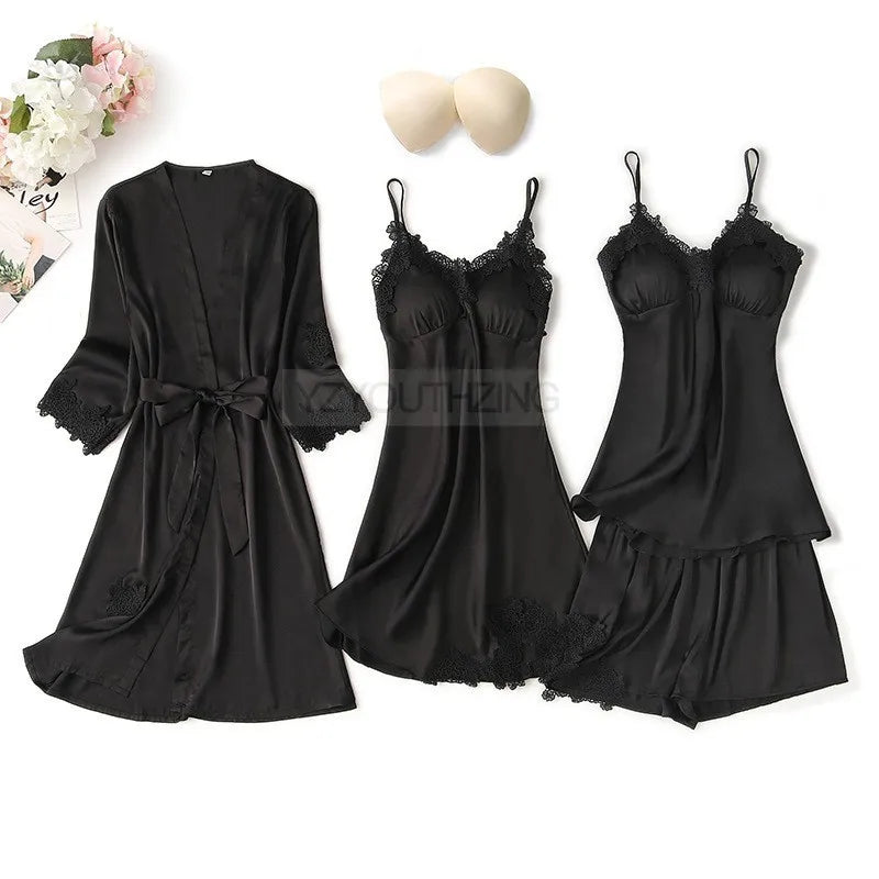 Ensemble Pyjama Femme Satin Dentelle — Robe de Chambre Kimono + Pantalon, Été