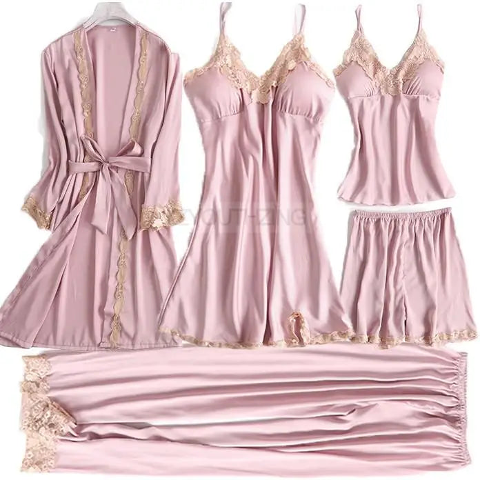 Ensemble Pyjama Femme Satin Dentelle — Robe de Chambre Kimono + Pantalon, Été
