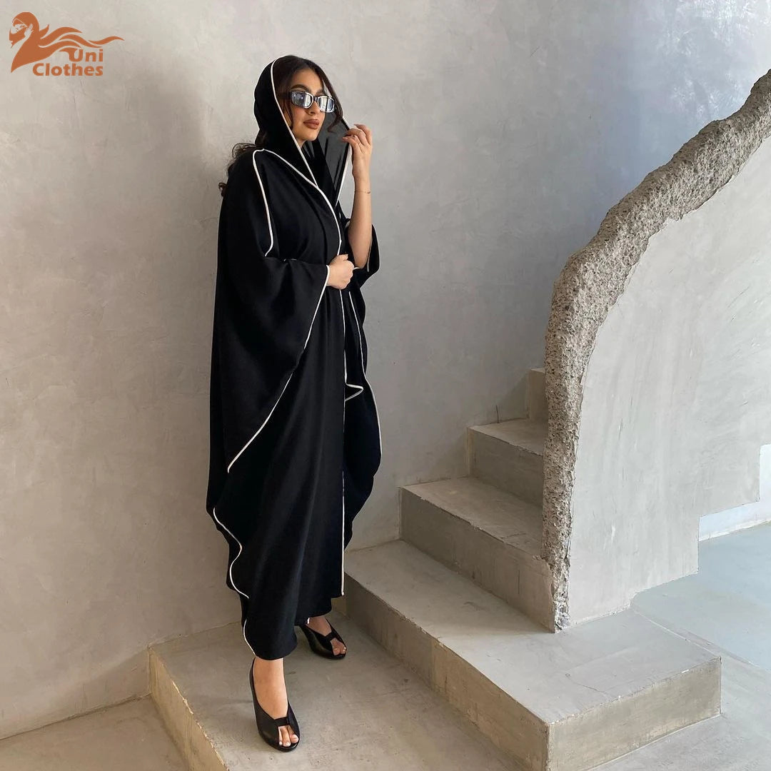 Abaya Noire Tendance Femme EID Ramadan Patchwork Hijab Ouverte avec Châle