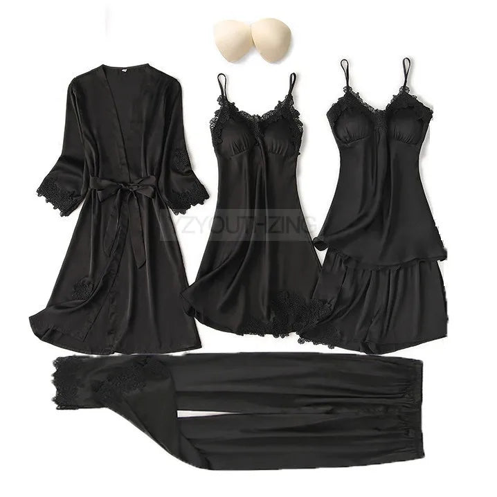 Ensemble Pyjama Femme Satin Dentelle — Robe de Chambre Kimono + Pantalon, Été