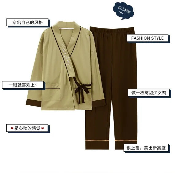 Pyjama Kimono Femme Gaze Coton — Imprimé Feuille d'Érable, Manches Longues, Automne