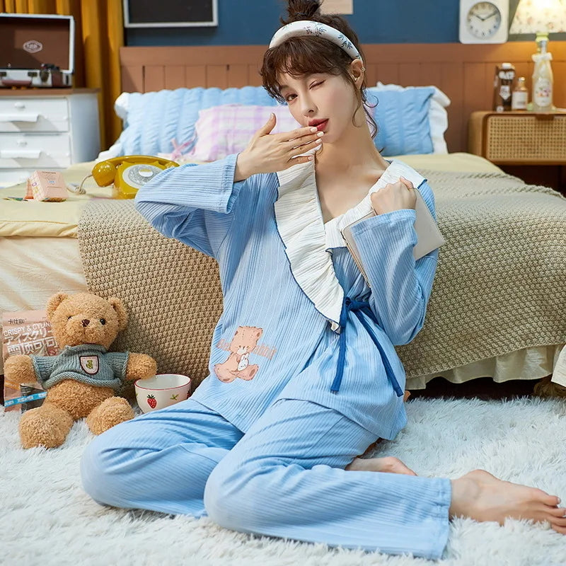 Pyjama Kimono Femme Gaze Coton — Imprimé Feuille d'Érable, Manches Longues, Automne