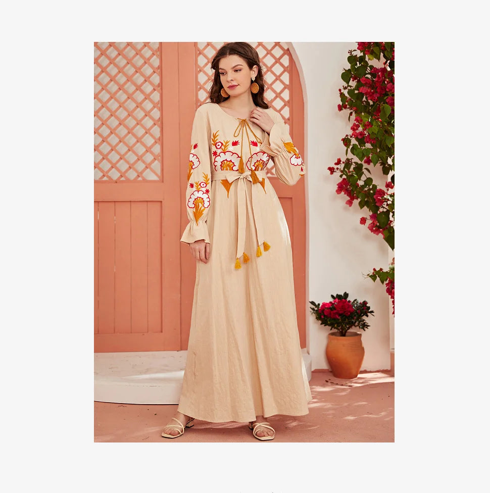 Robe Longue Broderie Manches Imprimées Flare Islamique — Taille M-2XL