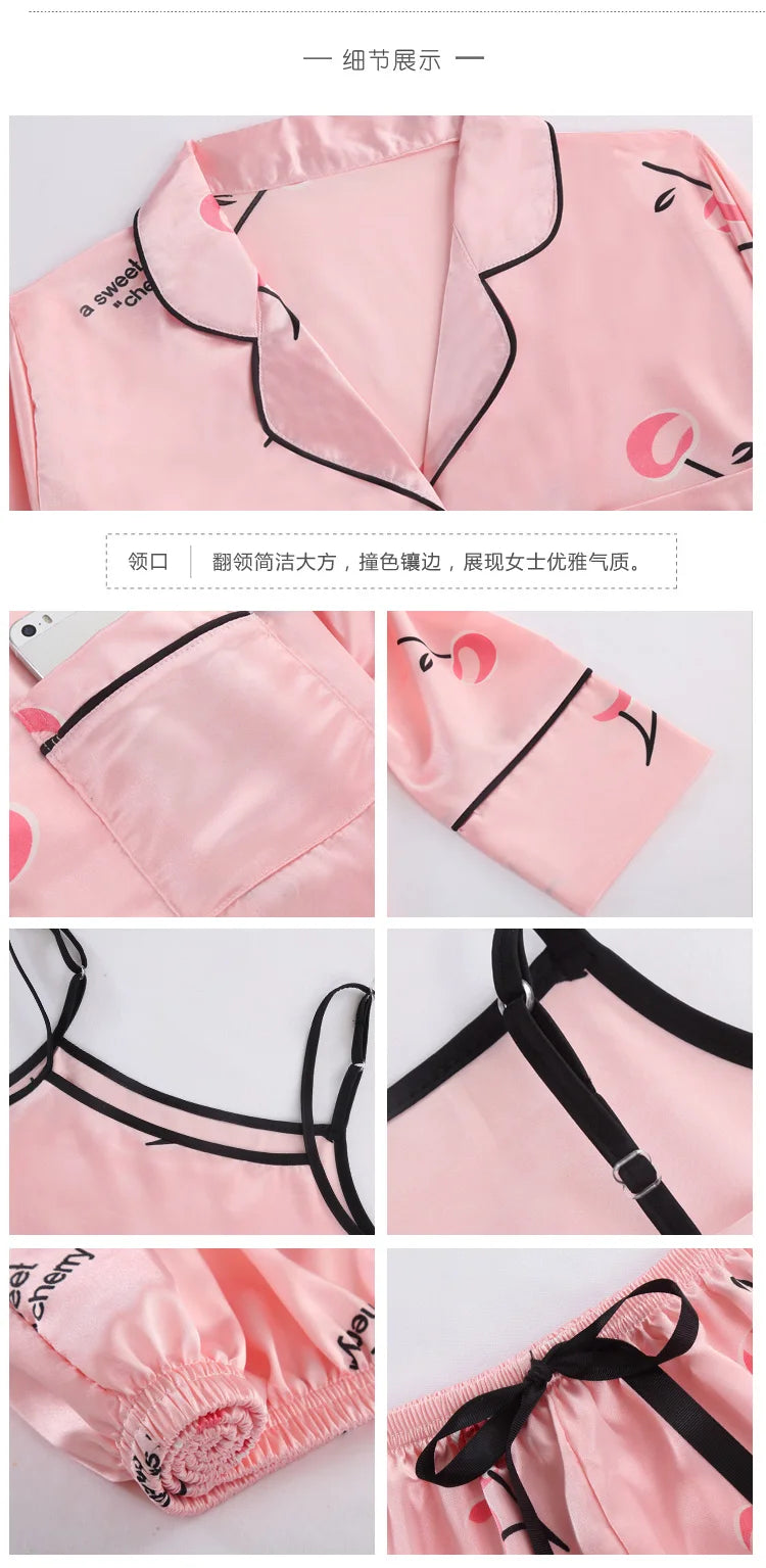 Pyjama Satin Femme 7 Pièces Col Revers Imprimé Cerises — Soie Douce