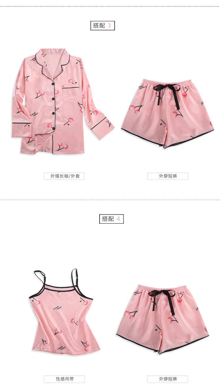 Pyjama Satin Femme 7 Pièces Col Revers Imprimé Cerises — Soie Douce
