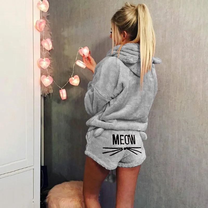 Pyjama Femme Polaire Chaud Hiver — Imprimé Chat, À Capuche, Grande Taille S-5XL