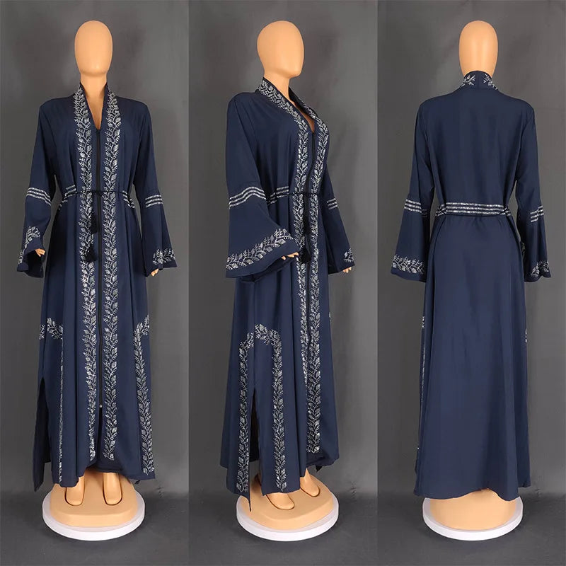 Abaya Femme Arabe Dentelle Perlée Manches Flare — Robe Musulmane Dubai #8840