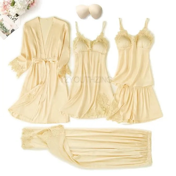 Ensemble Pyjama Femme Satin Dentelle — Robe de Chambre Kimono + Pantalon, Été