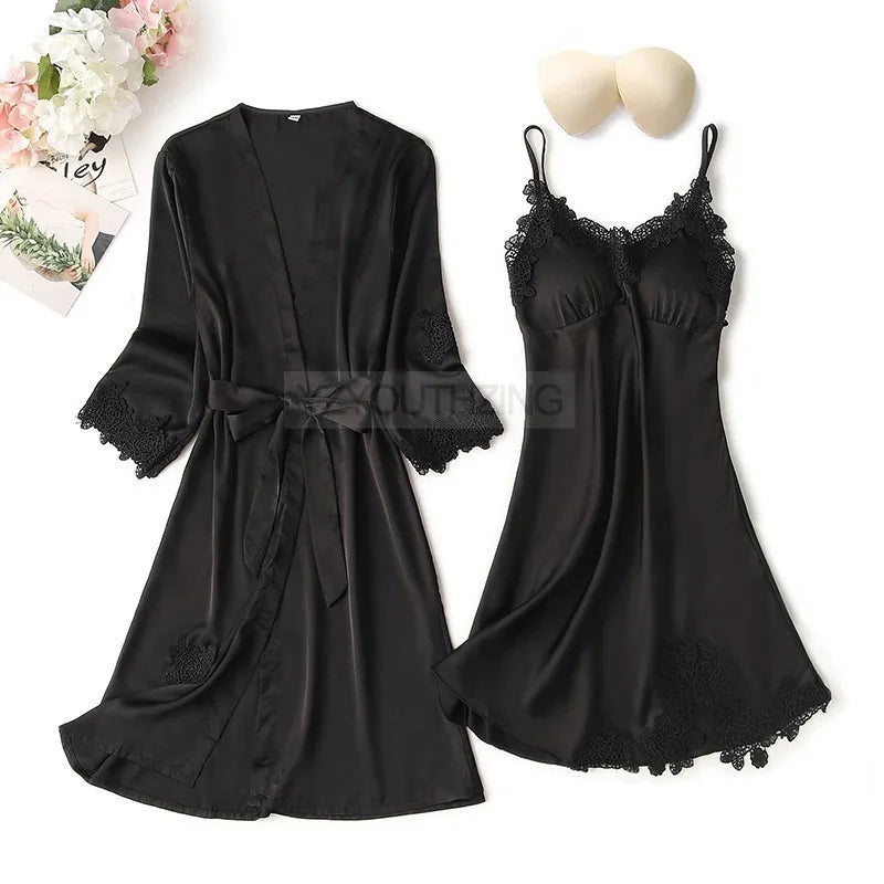 Ensemble Pyjama Femme Satin Dentelle — Robe de Chambre Kimono + Pantalon, Été