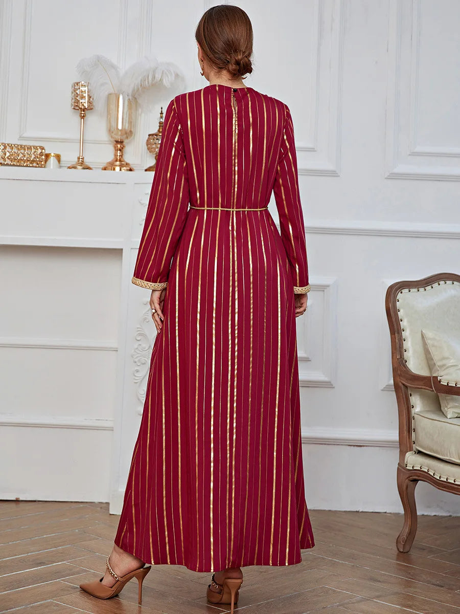 Robe Longue Vintage Coton Broderie Imprimé Doré Laçage — Islamique S-3XL