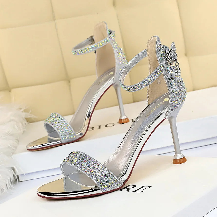 Sandales Femme Strass Cristal Talon Moyen Or — Bride Cheville, Mariage Événement 8.5cm