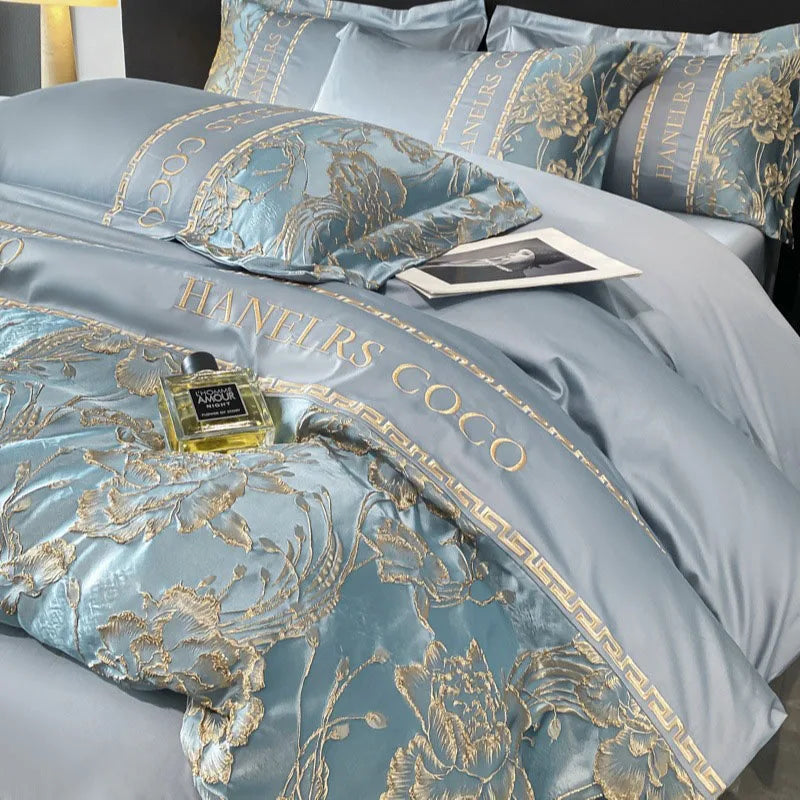 Parure de Lit Luxe 4 Pièces Satin Brodé — Housse Couette King & Queen Hotel