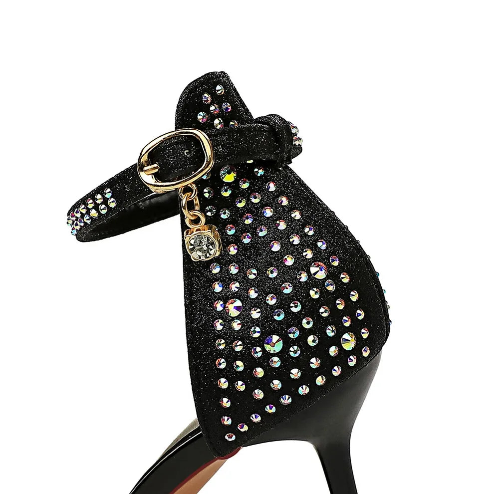 Sandales Femme Strass Cristal Talon Moyen Or — Bride Cheville, Mariage Événement 8.5cm