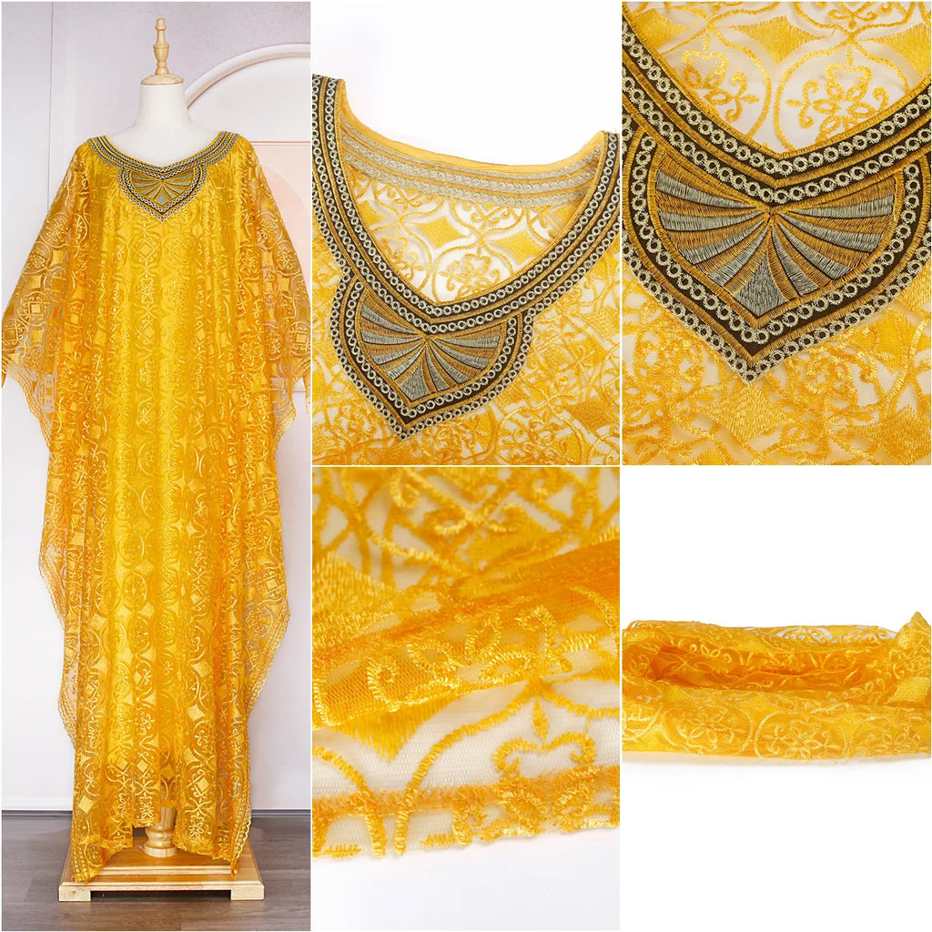 Robe Africaine 3 Pièces Femme Broderie Dentelle Manches Chauve-Souris avec Foulard