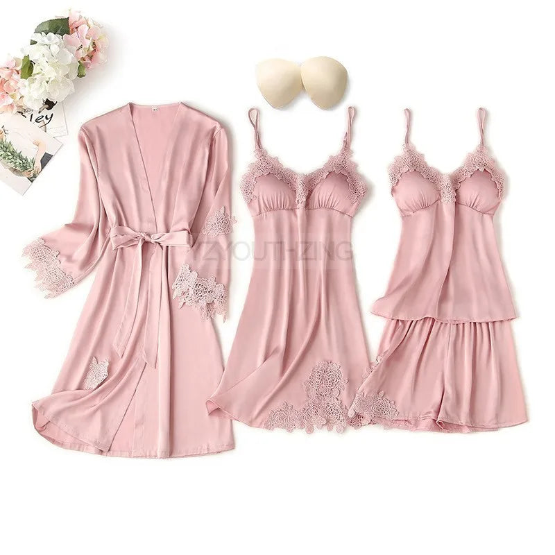 Ensemble Pyjama Femme Satin Dentelle — Robe de Chambre Kimono + Pantalon, Été