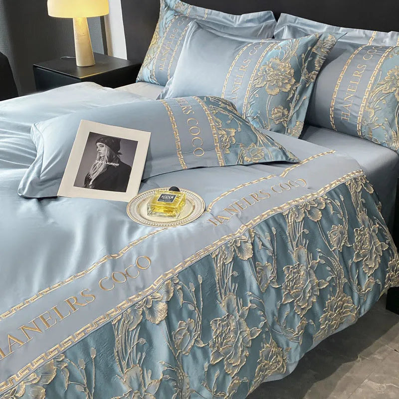 Parure de Lit Luxe 4 Pièces Satin Brodé — Housse Couette King & Queen Hotel