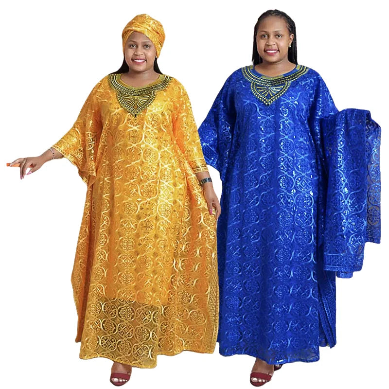 Robe Africaine 3 Pièces Femme Broderie Dentelle Manches Chauve-Souris avec Foulard