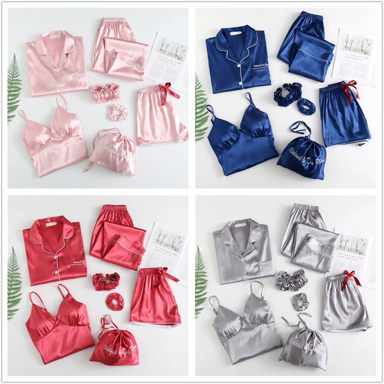 Pyjama Satin Femme 7 Pièces Col Revers Imprimé Cerises — Soie Douce