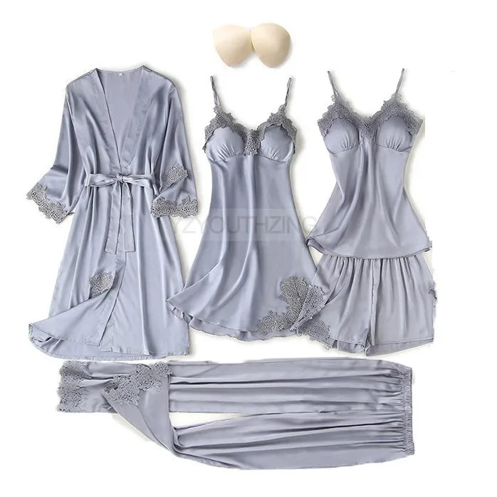Ensemble Pyjama Femme Satin Dentelle — Robe de Chambre Kimono + Pantalon, Été