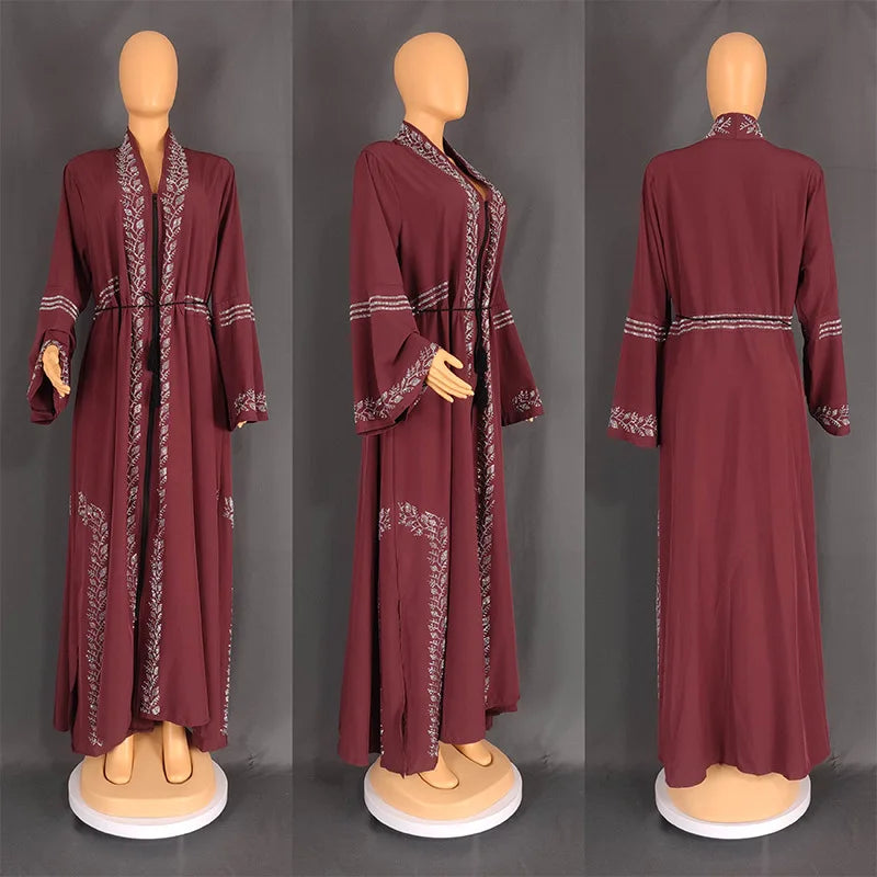 Abaya Femme Arabe Dentelle Perlée Manches Flare — Robe Musulmane Dubai #8840
