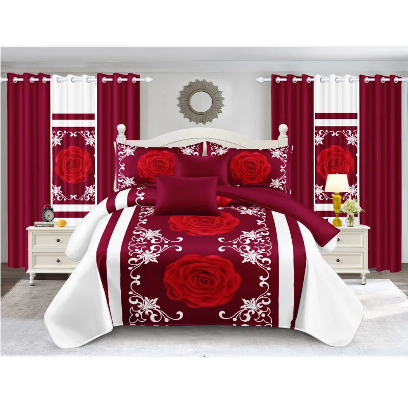 Parure de Lit 10 Pièces Fleurs & Plantes — Housse Couette, Draps & Rideaux