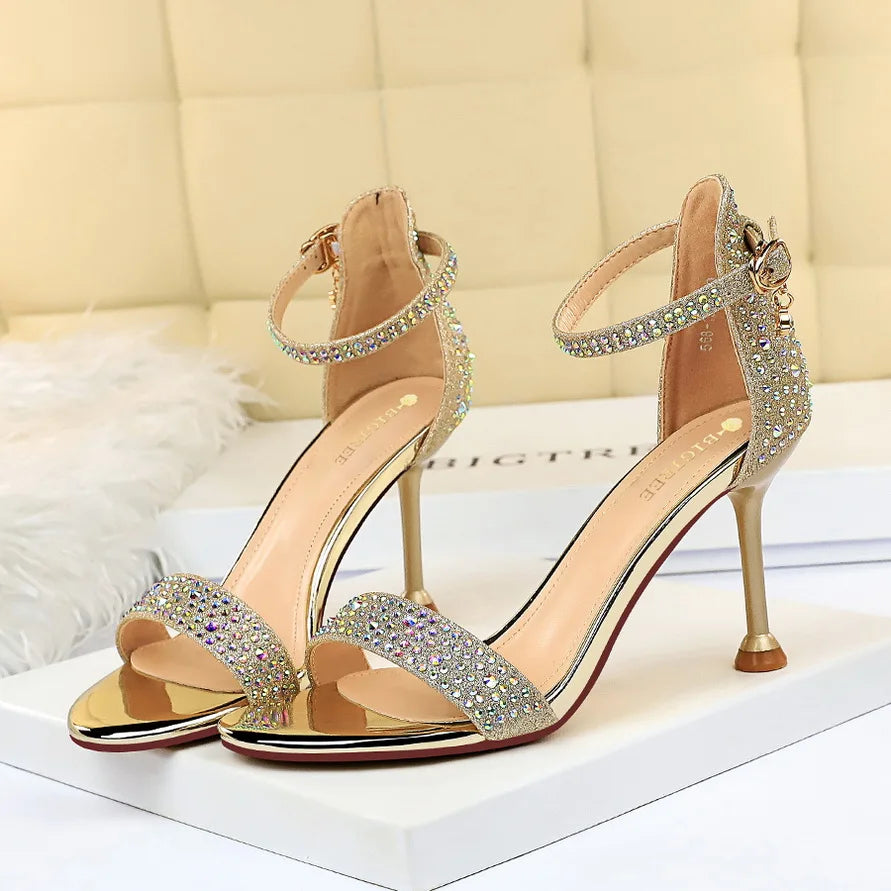 Sandales Femme Strass Cristal Talon Moyen Or — Bride Cheville, Mariage Événement 8.5cm