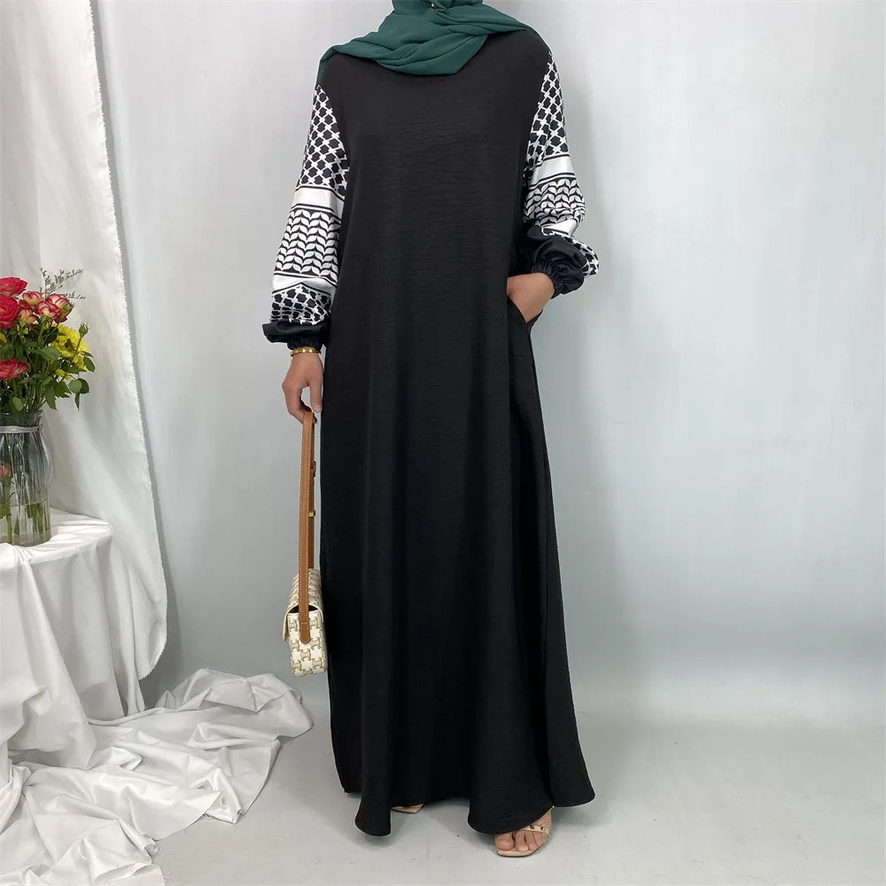 عباية نسائية مسلمة من البوليستر الناعم – مطبوع عليها الكوفية الفلسطينية لرمضان