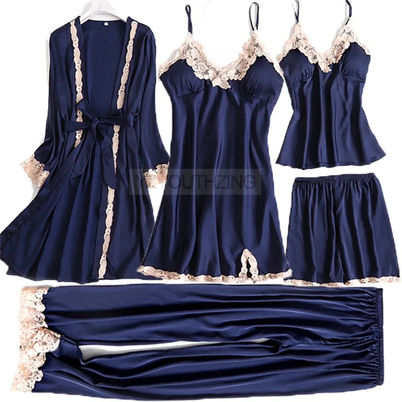 Ensemble Pyjama Femme Satin Dentelle — Robe de Chambre Kimono + Pantalon, Été