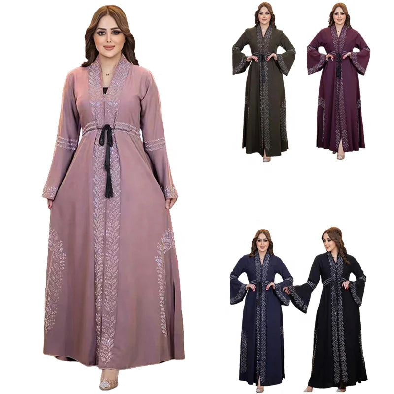 Abaya Femme Arabe Dentelle Perlée Manches Flare — Robe Musulmane Dubai #8840