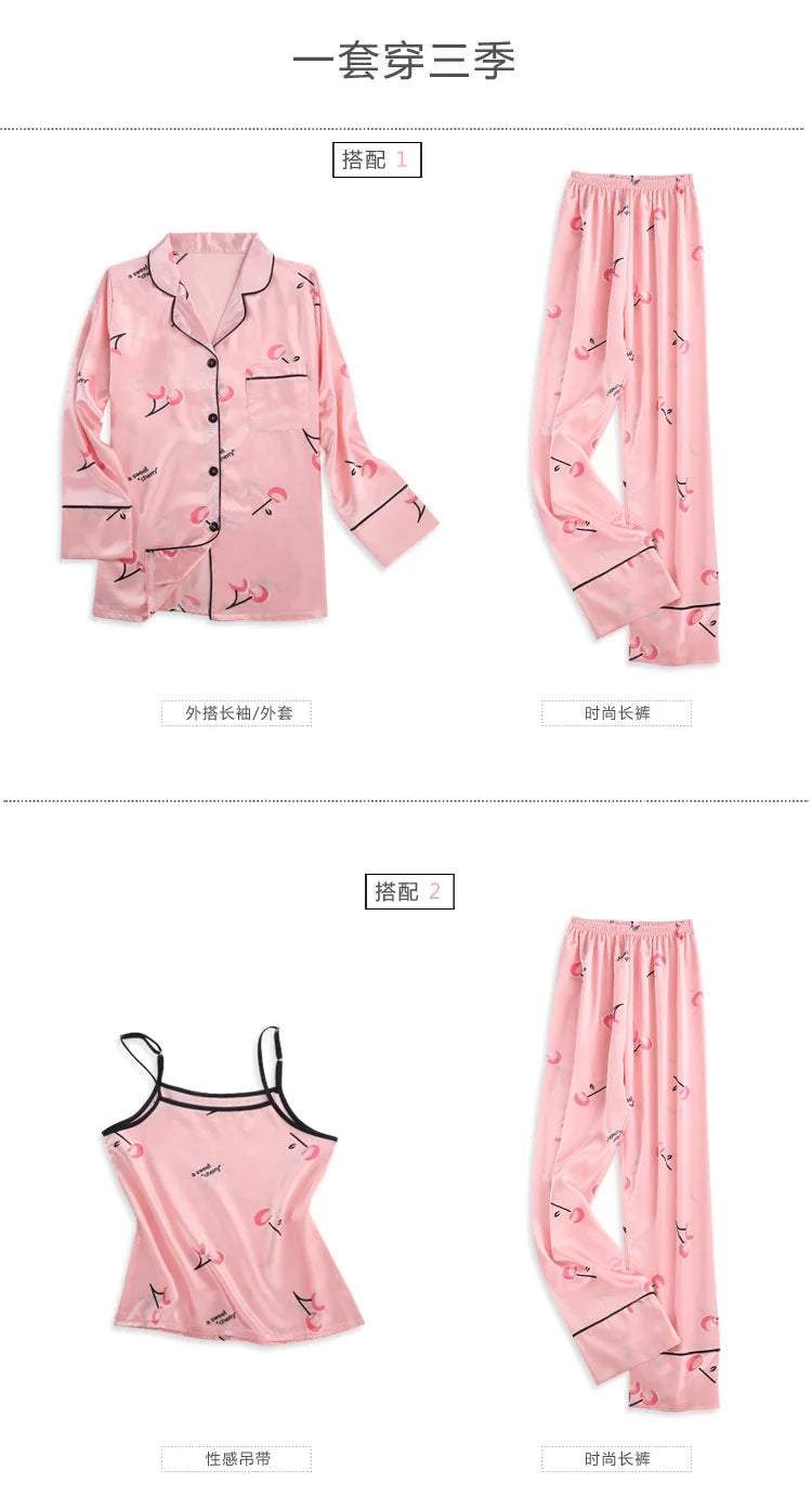 Pyjama Satin Femme 7 Pièces Col Revers Imprimé Cerises — Soie Douce