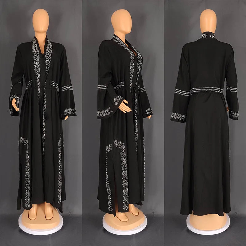 Abaya Femme Arabe Dentelle Perlée Manches Flare — Robe Musulmane Dubai #8840