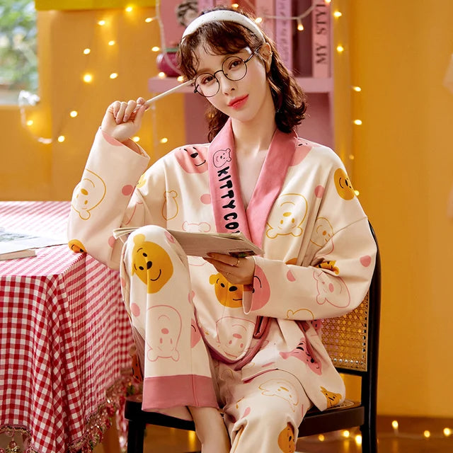 Pyjama Kimono Femme Gaze Coton — Imprimé Feuille d'Érable, Manches Longues, Automne