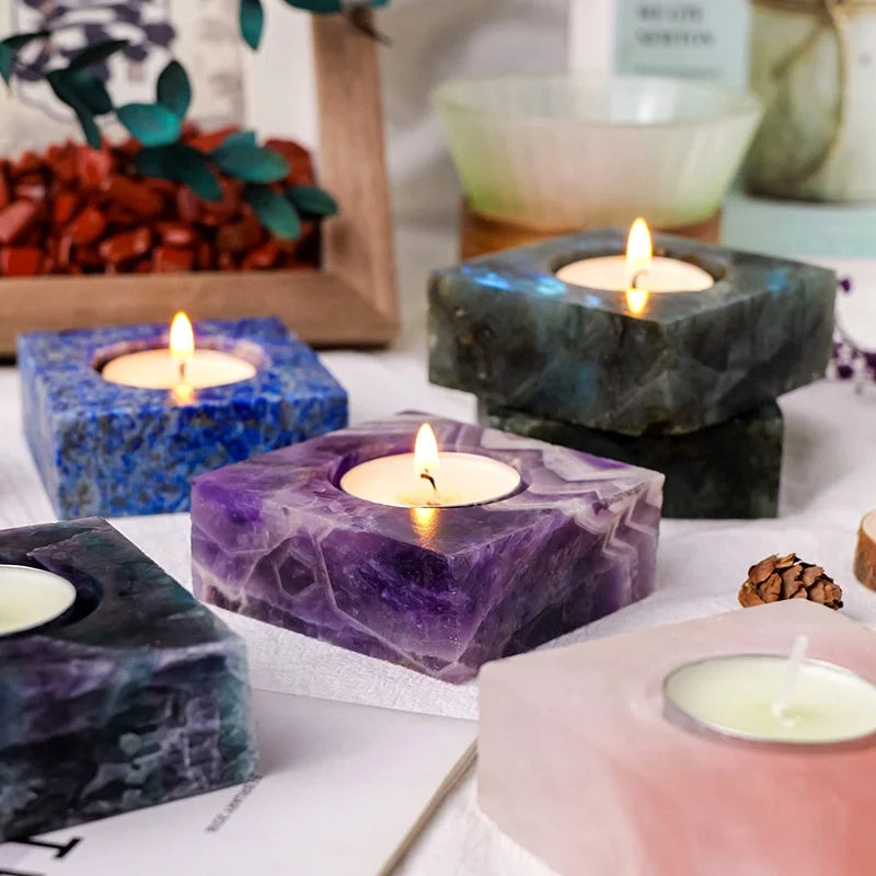 Bougeoir en Cristal Naturel Poli | Améthyste & Quartz | Déco Feng Shui