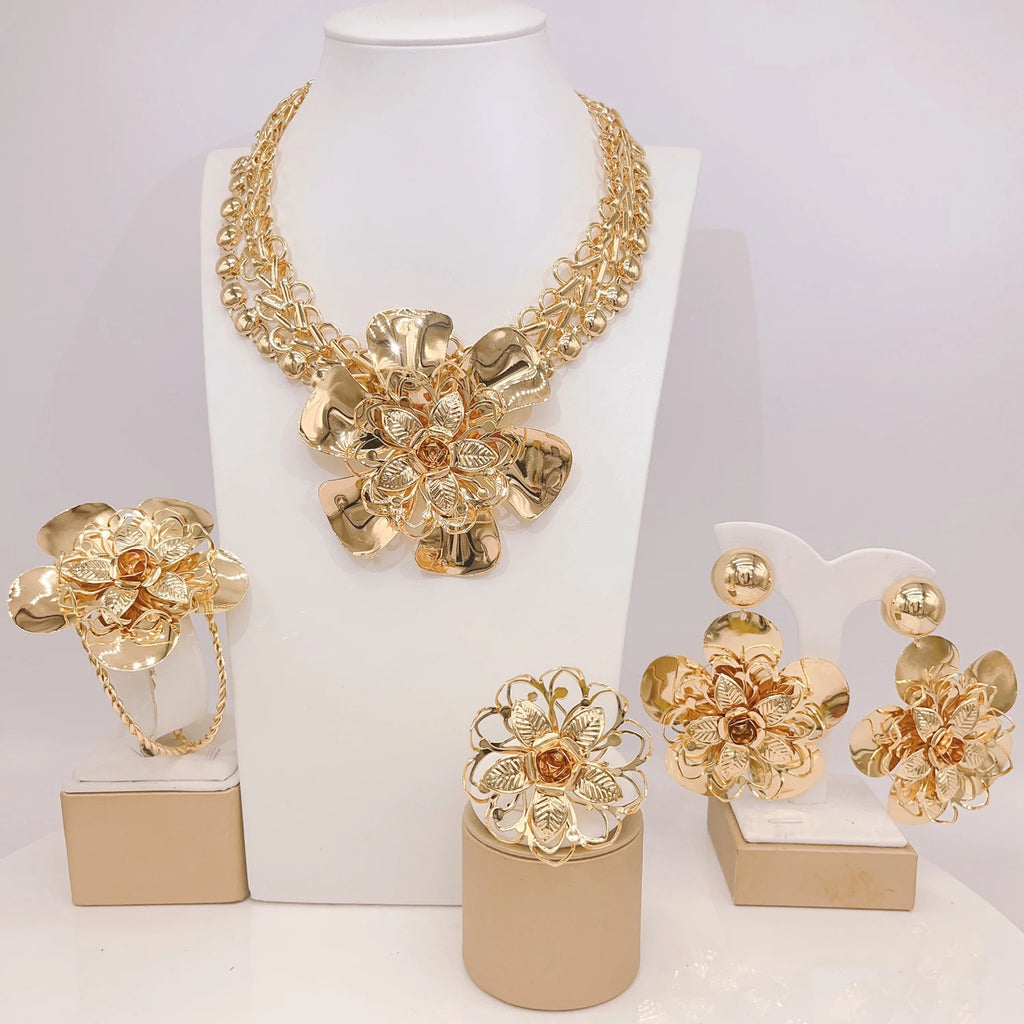 Parure Bijoux Fleur Plaqué Or 18K Femme — Collier, Boucles, Bracelet, Mariage