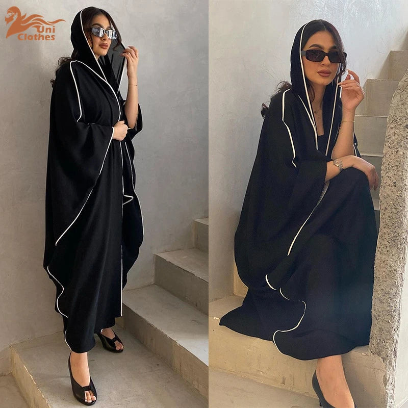 Abaya Noire Tendance Femme EID Ramadan Patchwork Hijab Ouverte avec Châle