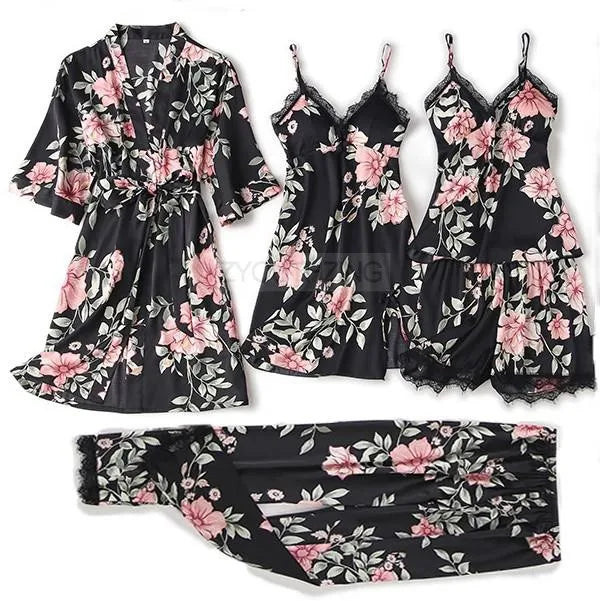 Ensemble Pyjama Femme Satin Dentelle — Robe de Chambre Kimono + Pantalon, Été