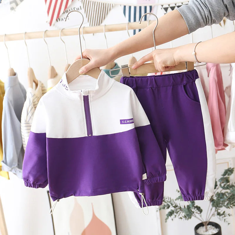 Ensemble Enfant Veste + Pantalon — Coton Uni, Printemps Automne, Garçon Fille 2 Pièces