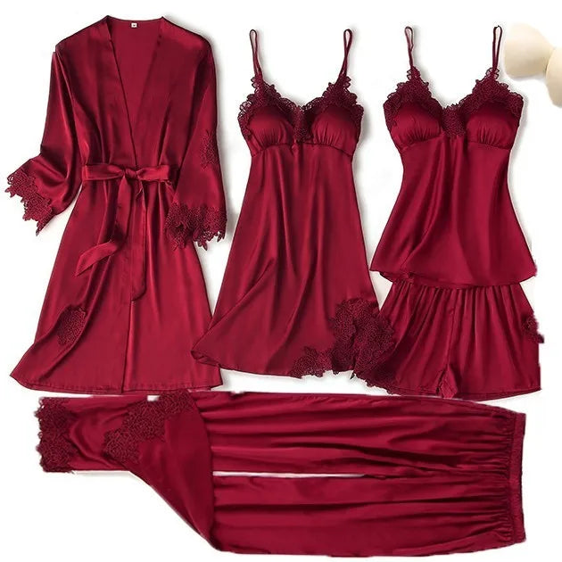 Ensemble Pyjama Femme Satin Dentelle — Robe de Chambre Kimono + Pantalon, Été
