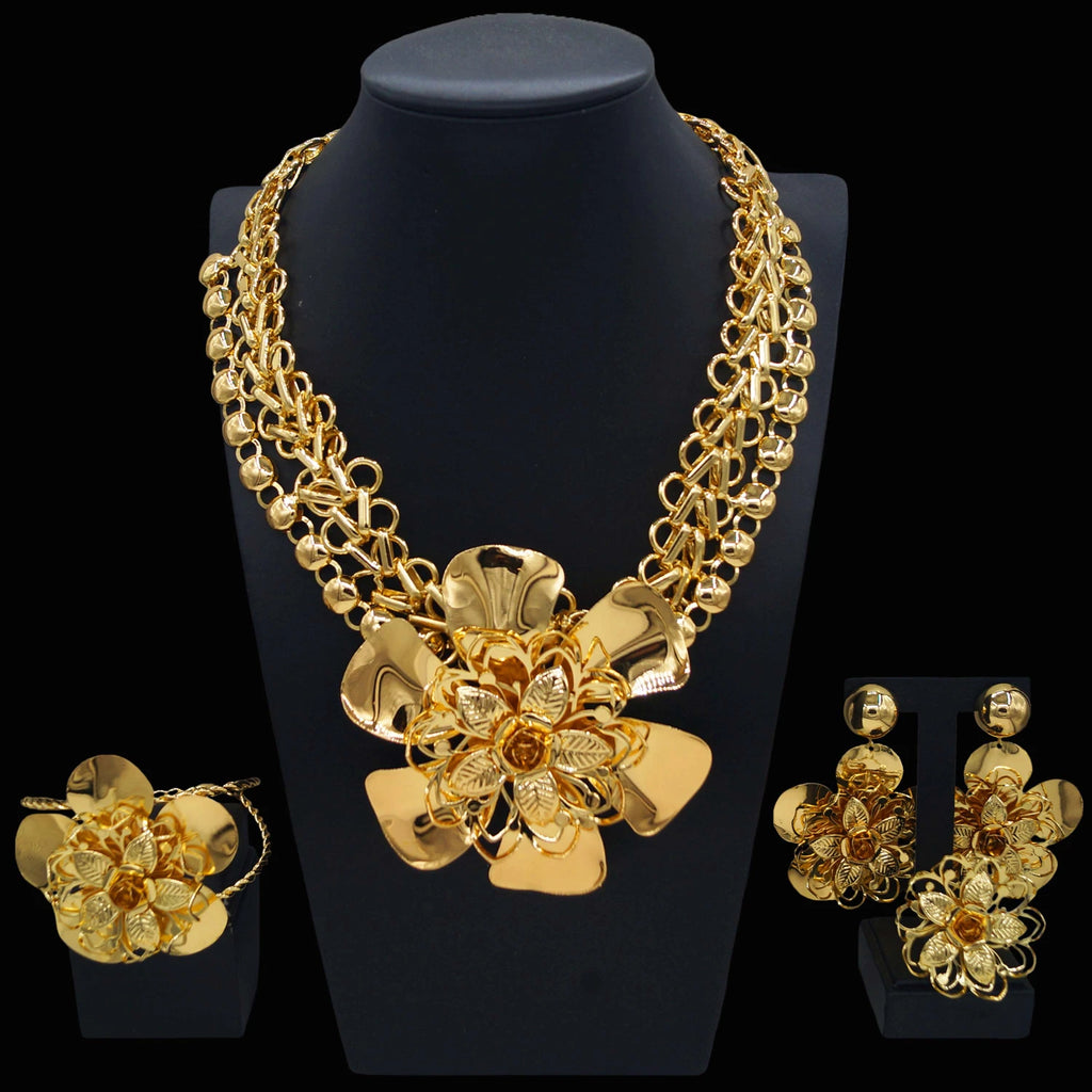 Parure Bijoux Fleur Plaqué Or 18K Femme — Collier, Boucles, Bracelet, Mariage