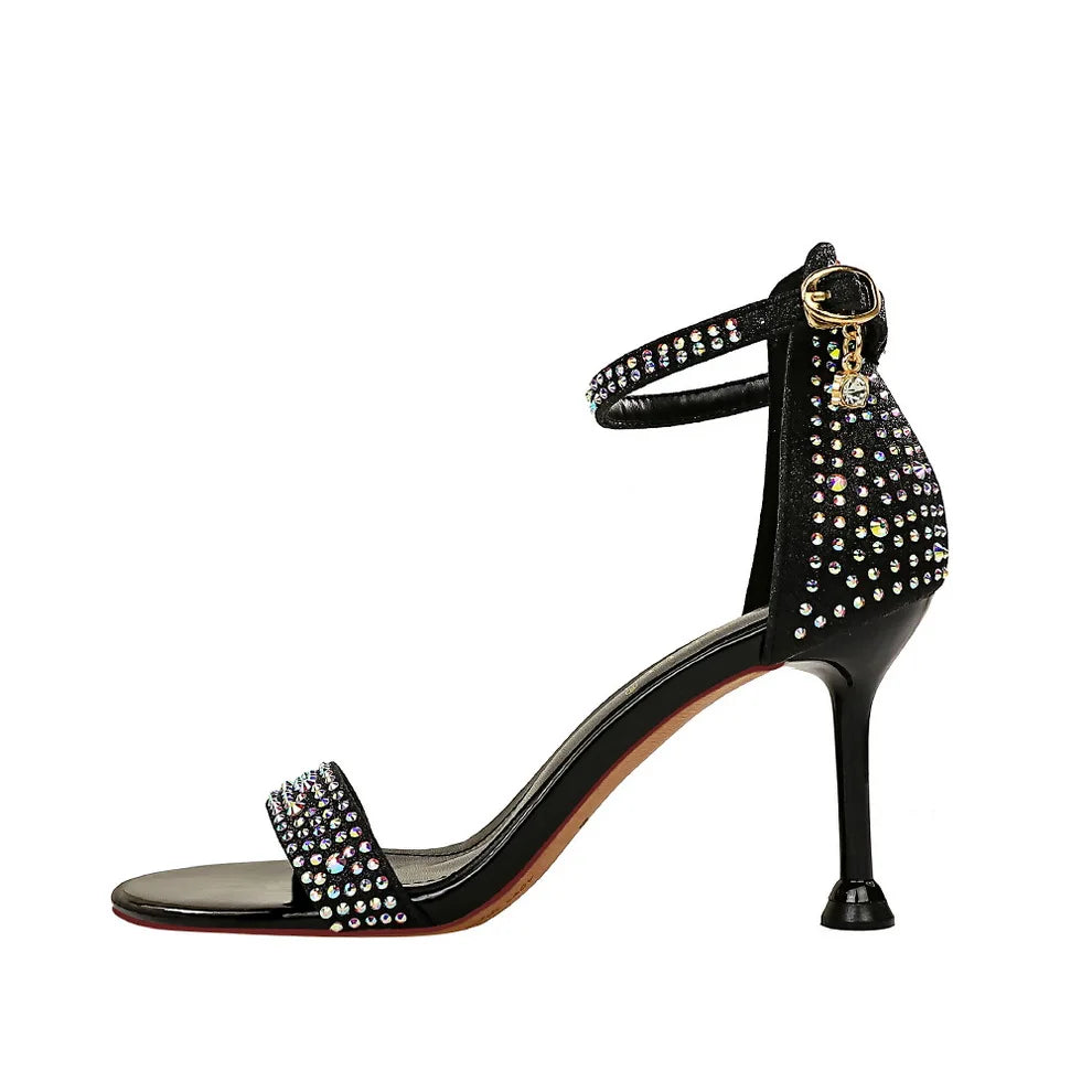 Sandales Femme Strass Cristal Talon Moyen Or — Bride Cheville, Mariage Événement 8.5cm