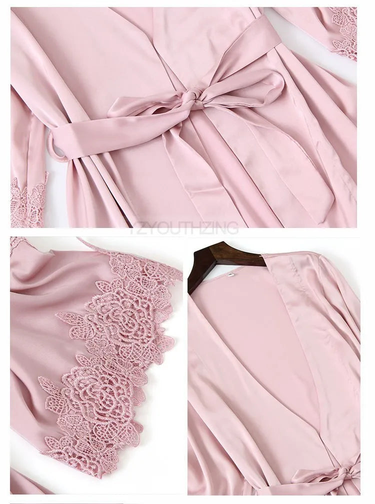 Ensemble Pyjama Femme Satin Dentelle — Robe de Chambre Kimono + Pantalon, Été