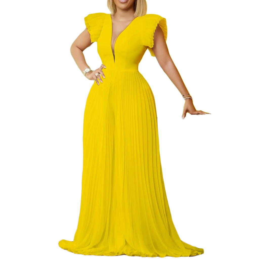 Combinaison Femme Manches Flare Col V Profond — Jambes Larges Longue Elégante