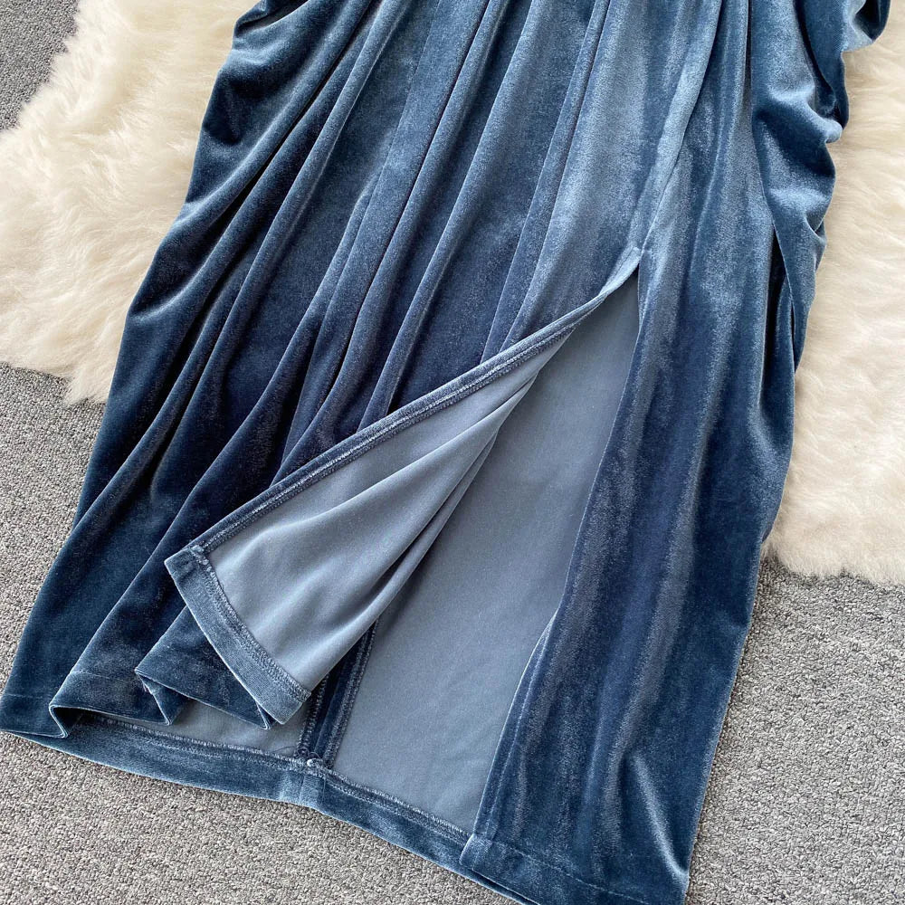 Robe Longue Velours Bleu Femme Élégante Col V Manches Lanterne — Taille Haute Soirée